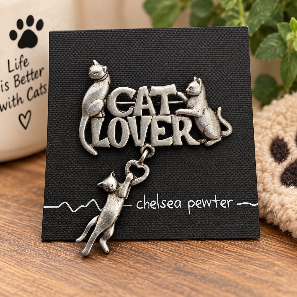 Vintage Pewter Cat Lover Pin Brooch Dangle Heart Feline Silver Tone NEW